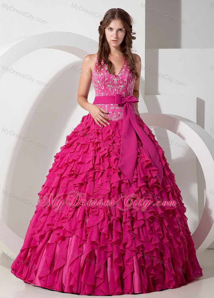 2013 Hot Pink Halter Chiffon Embroidery Sash Sweet 16 Dress