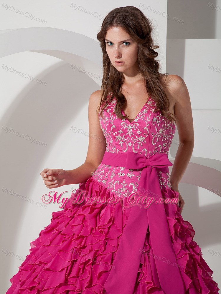 2013 Hot Pink Halter Chiffon Embroidery Sash Sweet 16 Dress