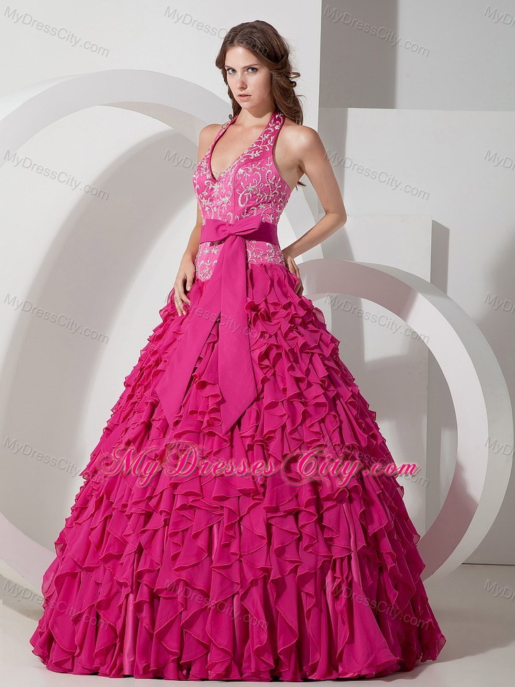 2013 Hot Pink Halter Chiffon Embroidery Sash Sweet 16 Dress