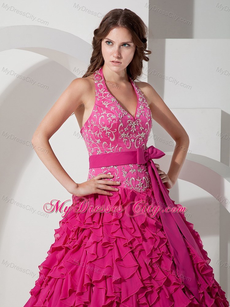 2013 Hot Pink Halter Chiffon Embroidery Sash Sweet 16 Dress