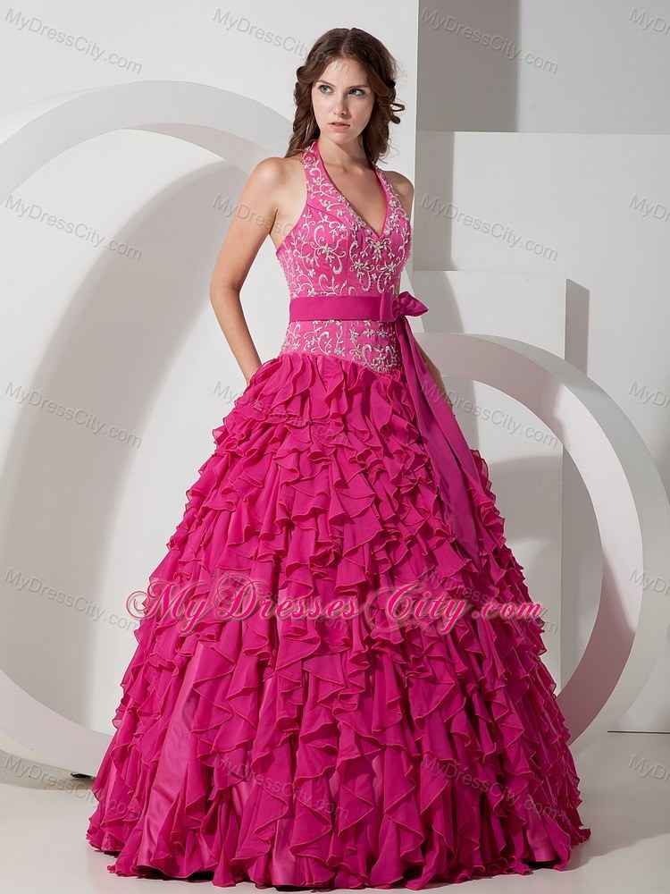 2013 Hot Pink Halter Chiffon Embroidery Sash Sweet 16 Dress