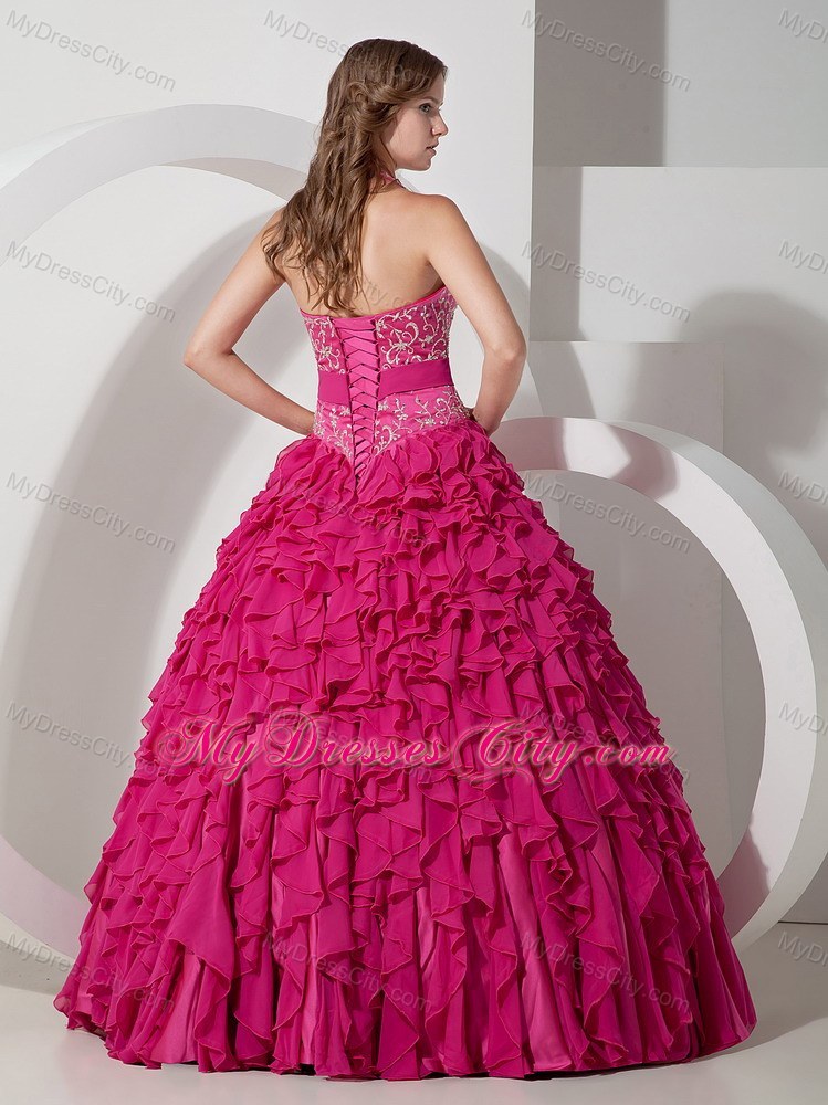 2013 Hot Pink Halter Chiffon Embroidery Sash Sweet 16 Dress