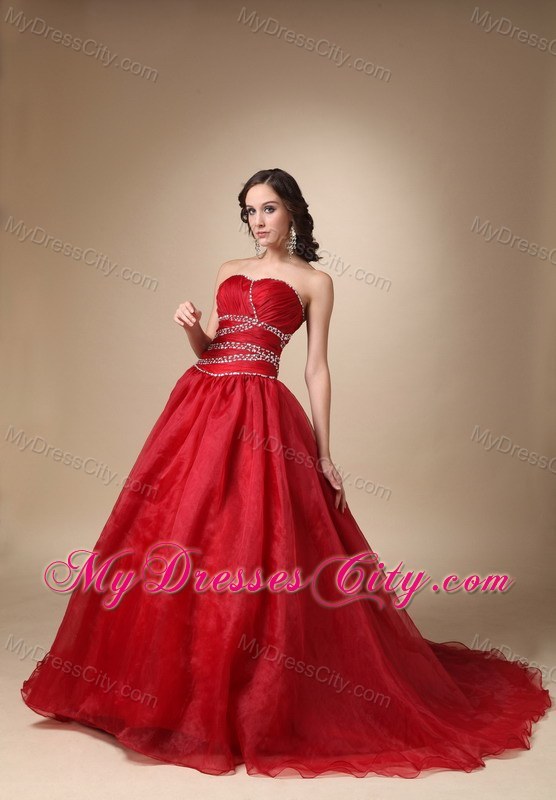 Wine Red Court Train Organza Beaded and Ruched Quinceanea Dress