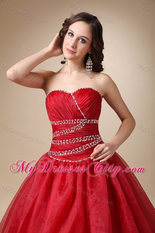 Wine Red Court Train Organza Beaded and Ruched Quinceanea Dress