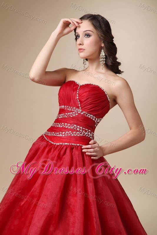 Wine Red Court Train Organza Beaded and Ruched Quinceanea Dress