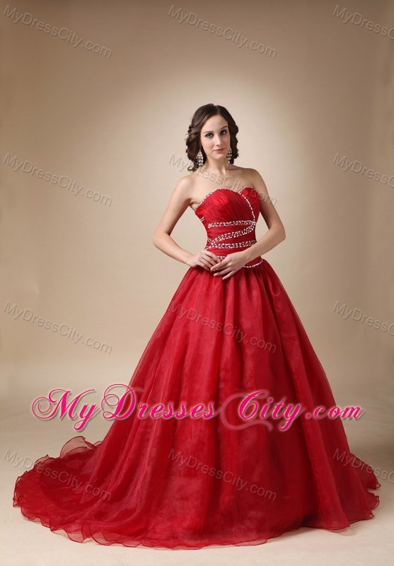 Wine Red Court Train Organza Beaded and Ruched Quinceanea Dress