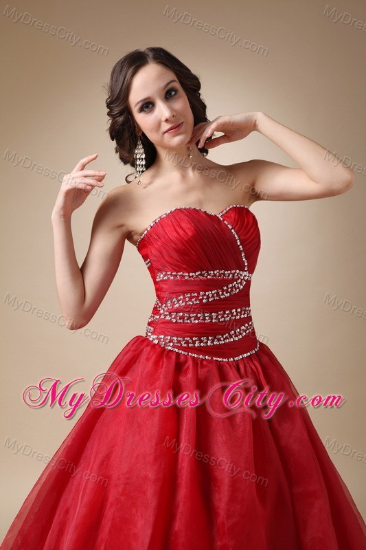 Wine Red Court Train Organza Beaded and Ruched Quinceanea Dress