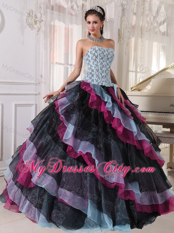 Multi-color Organza Ruffles Lace Decorate Bust Sweet 16 Dress