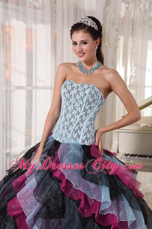 Multi-color Organza Ruffles Lace Decorate Bust Sweet 16 Dress