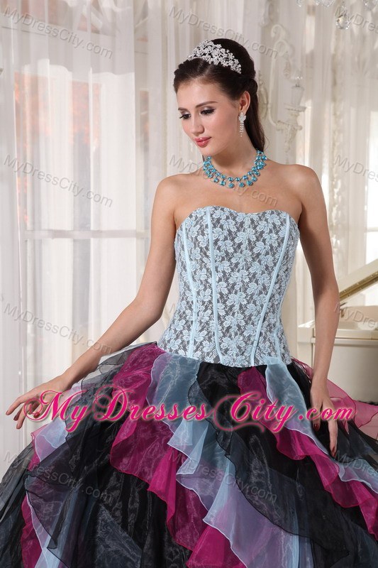 Multi-color Organza Ruffles Lace Decorate Bust Sweet 16 Dress