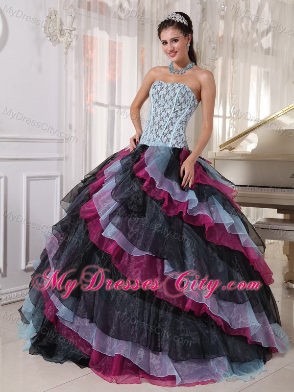 Multi-color Organza Ruffles Lace Decorate Bust Sweet 16 Dress