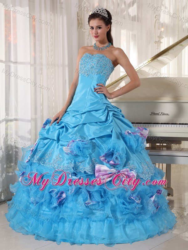 Aqua Organza and Taffeta Bow Ruffles Quinceanera Dress Online