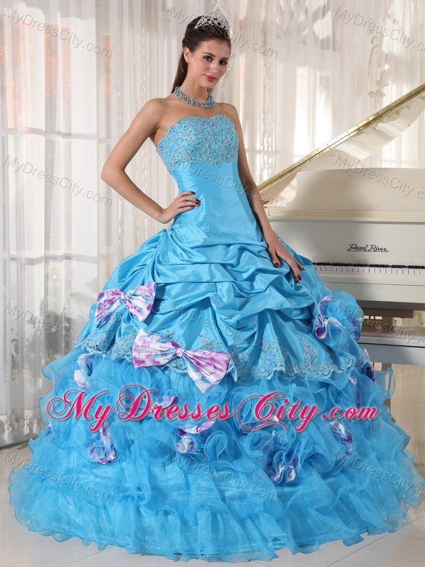 Aqua Organza and Taffeta Bow Ruffles Quinceanera Dress Online