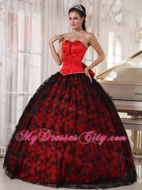 Red and Black Ball Gown Lace Sweet 15 Dress with Sweetheart