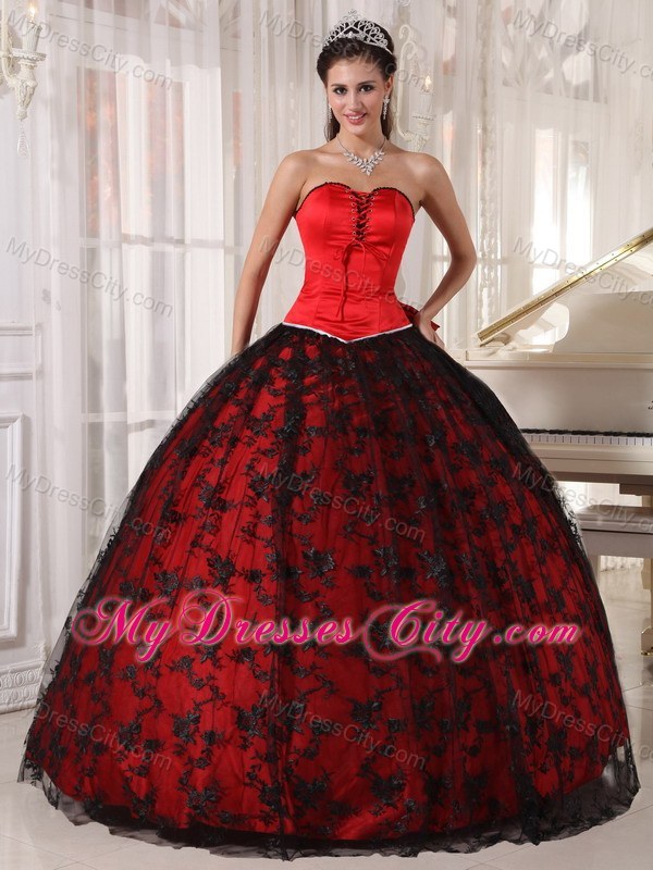 Red and Black Ball Gown Lace Sweet 15 Dress with Sweetheart