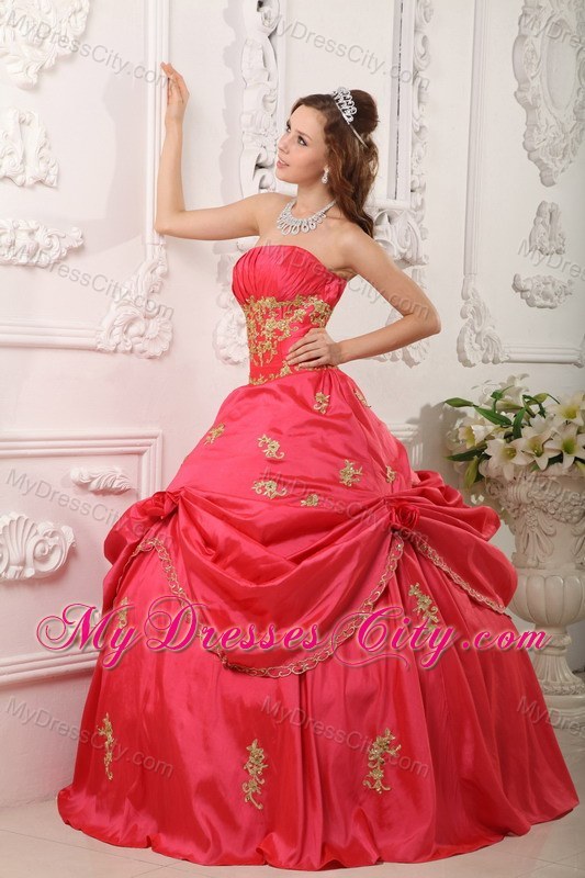 Coral Red Taffeta Appliques Pick-ups Quinceanera Dress in Spring