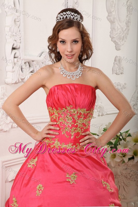 Coral Red Taffeta Appliques Pick-ups Quinceanera Dress in Spring