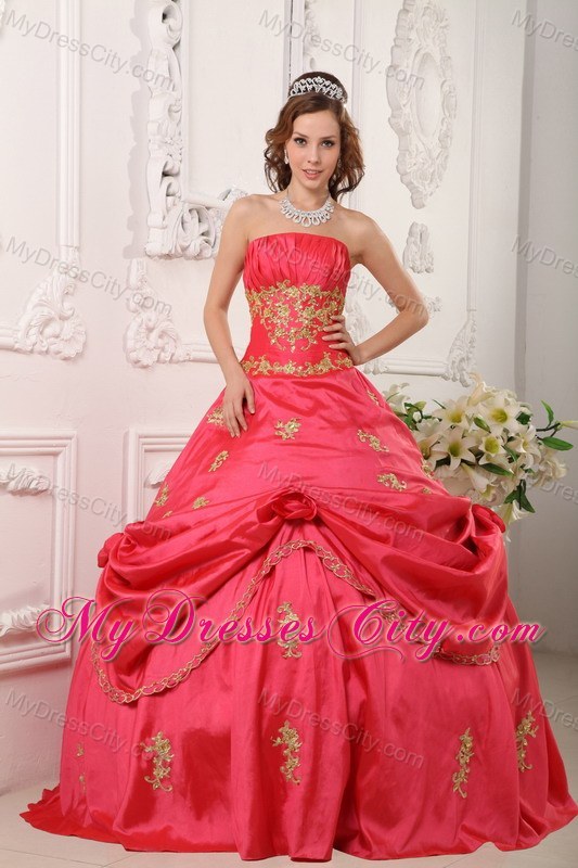 Coral Red Taffeta Appliques Pick-ups Quinceanera Dress in Spring