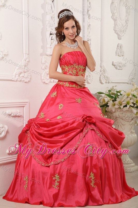 Coral Red Taffeta Appliques Pick-ups Quinceanera Dress in Spring