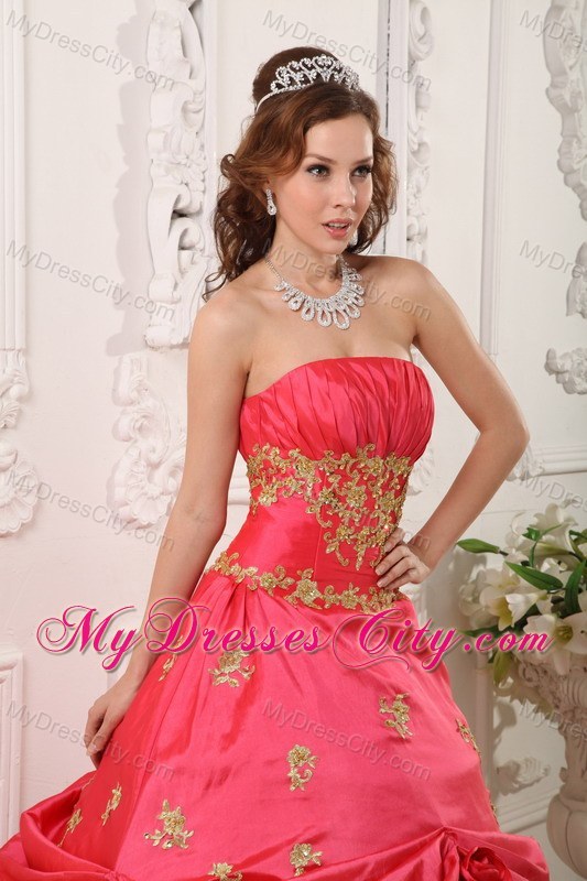 Coral Red Taffeta Appliques Pick-ups Quinceanera Dress in Spring