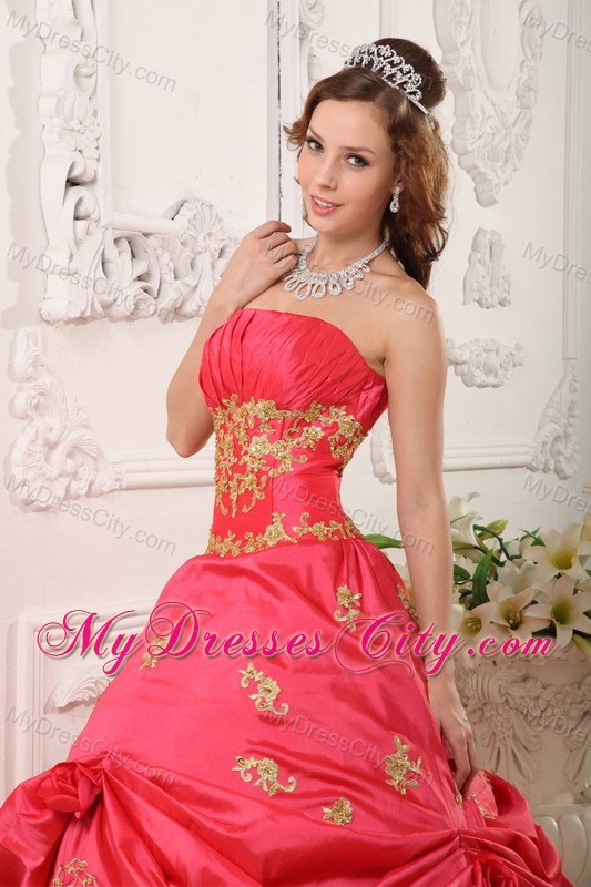 Coral Red Taffeta Appliques Pick-ups Quinceanera Dress in Spring