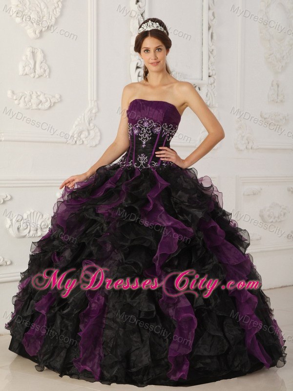 2013 Purple and Black Organza Ruffles Dress For Sweet 15 Dress