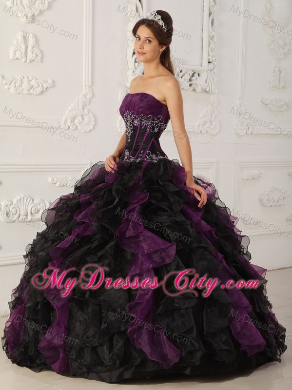 2013 Purple and Black Organza Ruffles Dress For Sweet 15 Dress