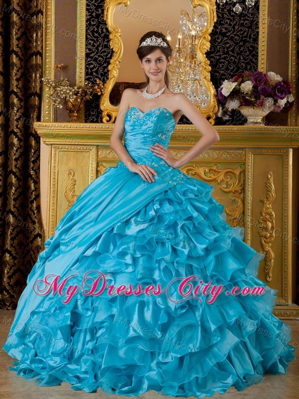 Teal Puffy Sweetheart Organza Ruffles 2013 Quinceanera Dress