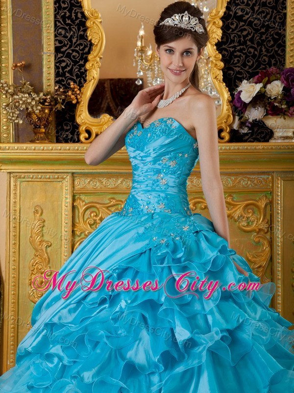 Teal Puffy Sweetheart Organza Ruffles 2013 Quinceanera Dress