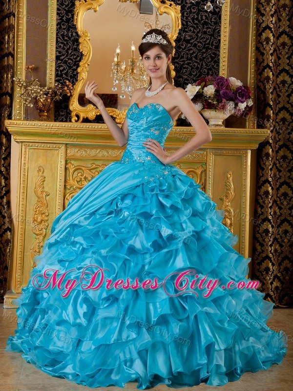 Teal Puffy Sweetheart Organza Ruffles 2013 Quinceanera Dress