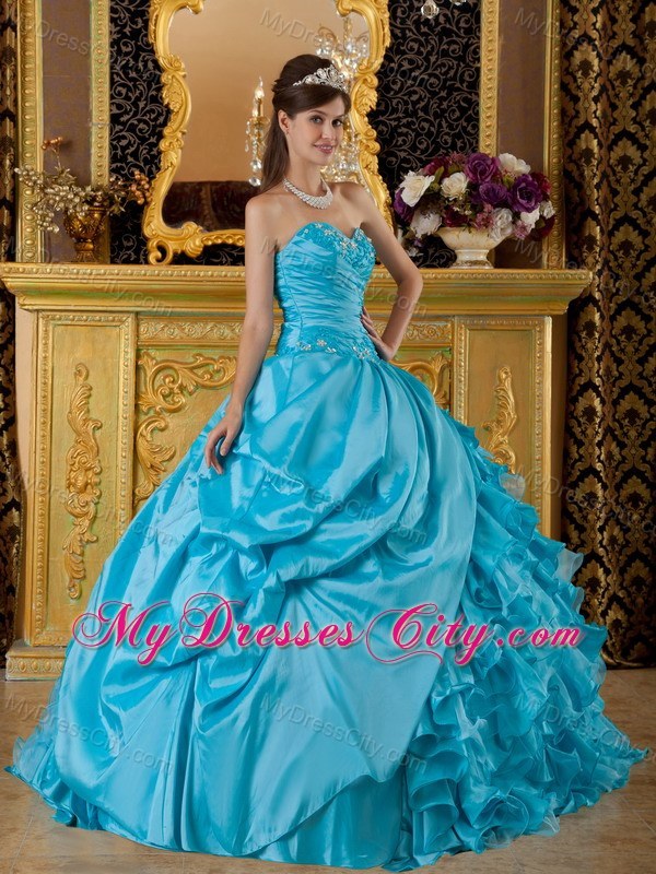 Teal Puffy Sweetheart Organza Ruffles 2013 Quinceanera Dress