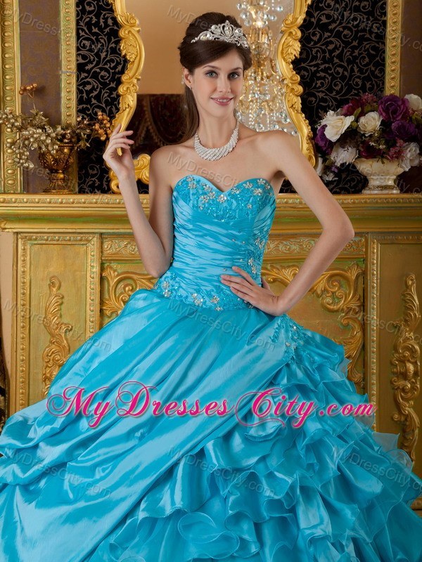 Teal Puffy Sweetheart Organza Ruffles 2013 Quinceanera Dress