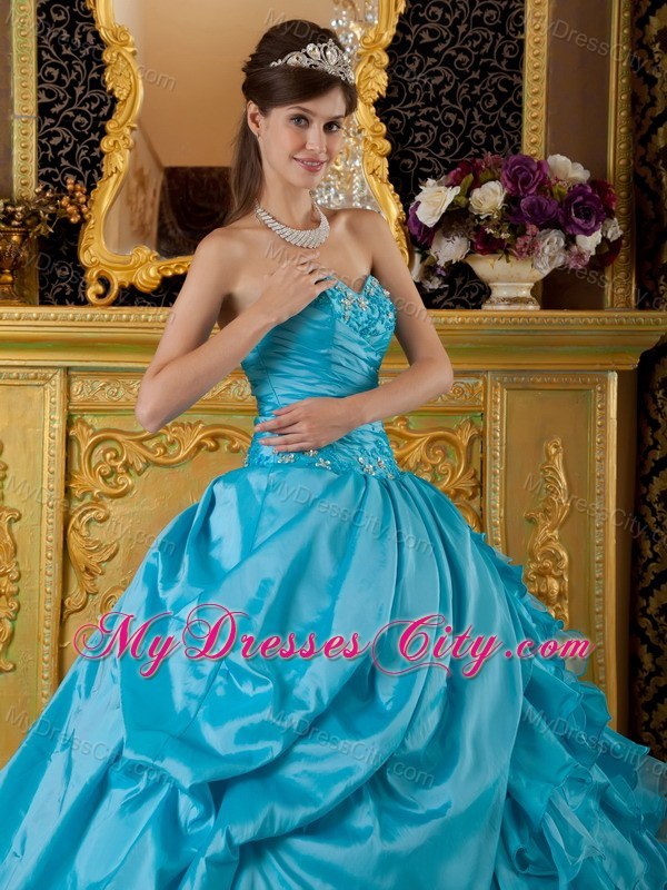 Teal Puffy Sweetheart Organza Ruffles 2013 Quinceanera Dress