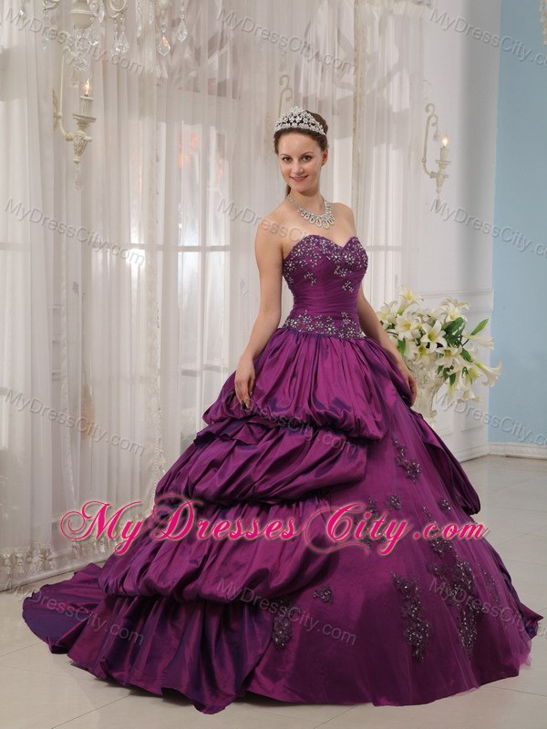 Pick-ups Purple Taffeta Sweetheart Appliques Quinceanera Dress