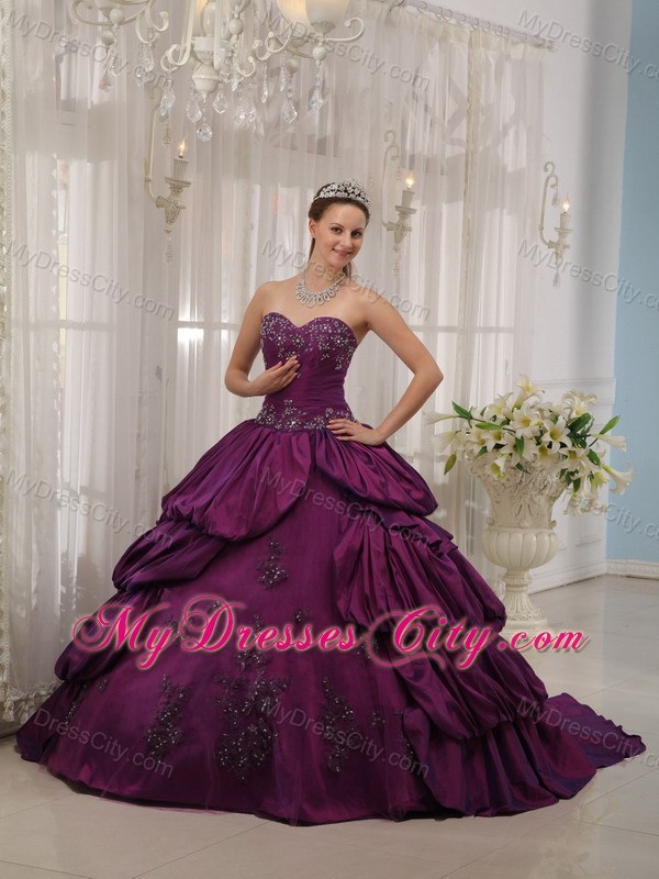 Pick-ups Purple Taffeta Sweetheart Appliques Quinceanera Dress