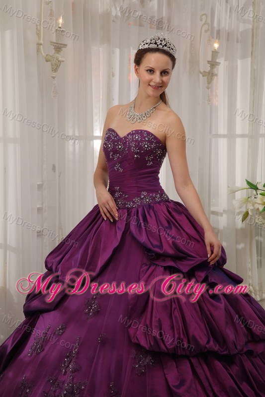 Pick-ups Purple Taffeta Sweetheart Appliques Quinceanera Dress