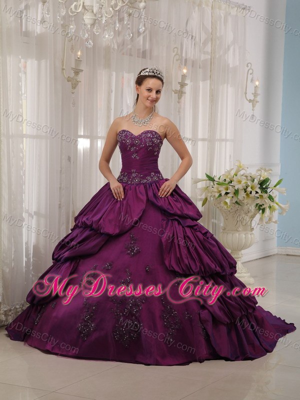 Pick-ups Purple Taffeta Sweetheart Appliques Quinceanera Dress