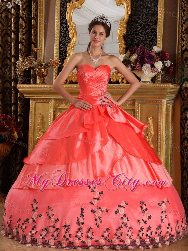 Watermelon Red Sweetheart Ruches Appliques Quinceanera Dress