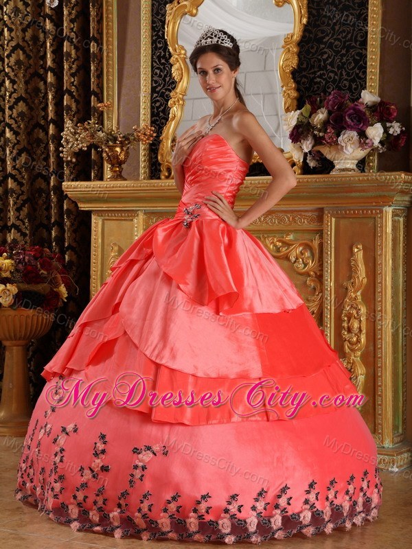 Watermelon Red Sweetheart Ruches Appliques Quinceanera Dress