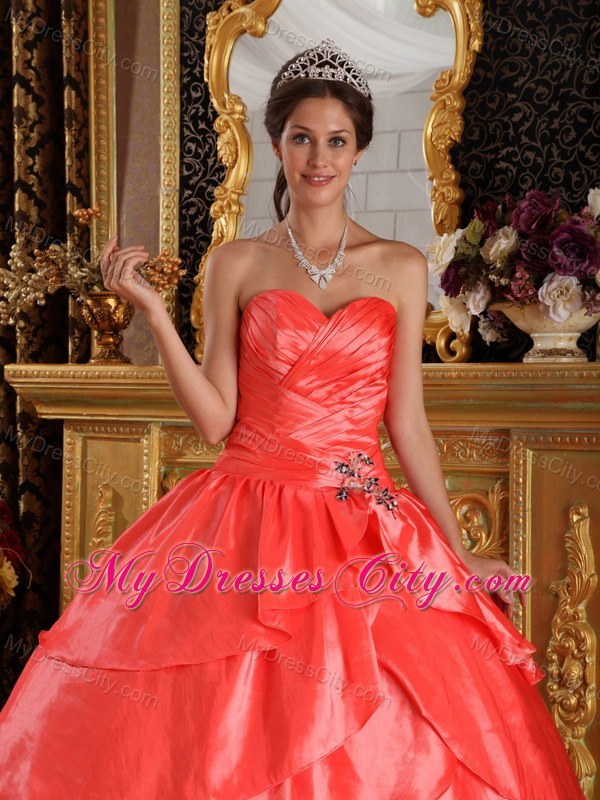 Watermelon Red Sweetheart Ruches Appliques Quinceanera Dress