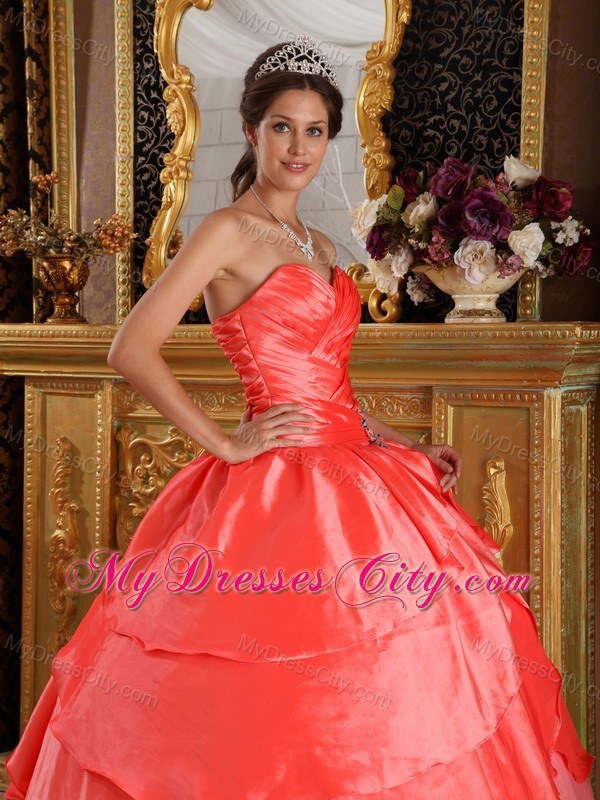 Watermelon Red Sweetheart Ruches Appliques Quinceanera Dress