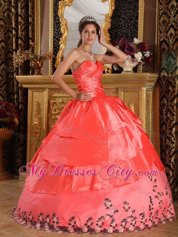 Watermelon Red Sweetheart Ruches Appliques Quinceanera Dress