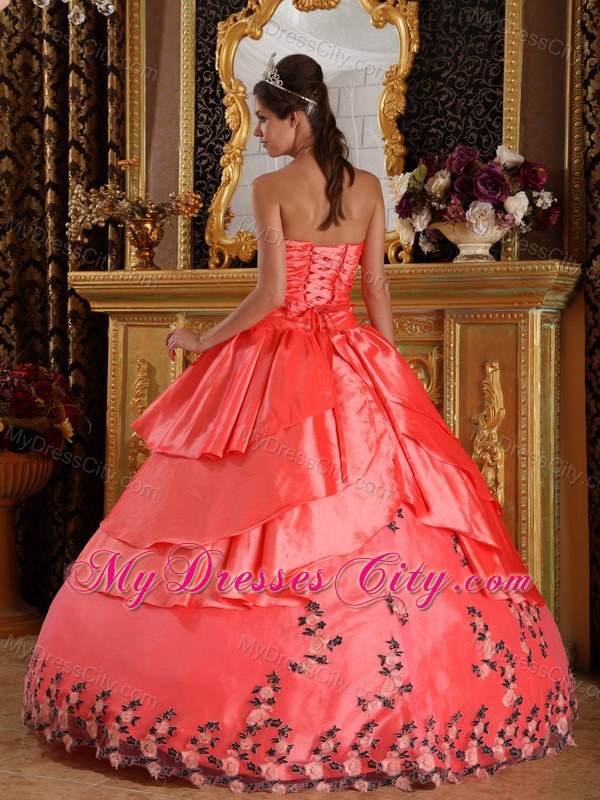 Watermelon Red Sweetheart Ruches Appliques Quinceanera Dress