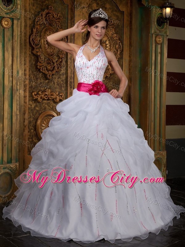 White Halter Pick-ups Sash Organza Quinceanera Dress for Sweet 16