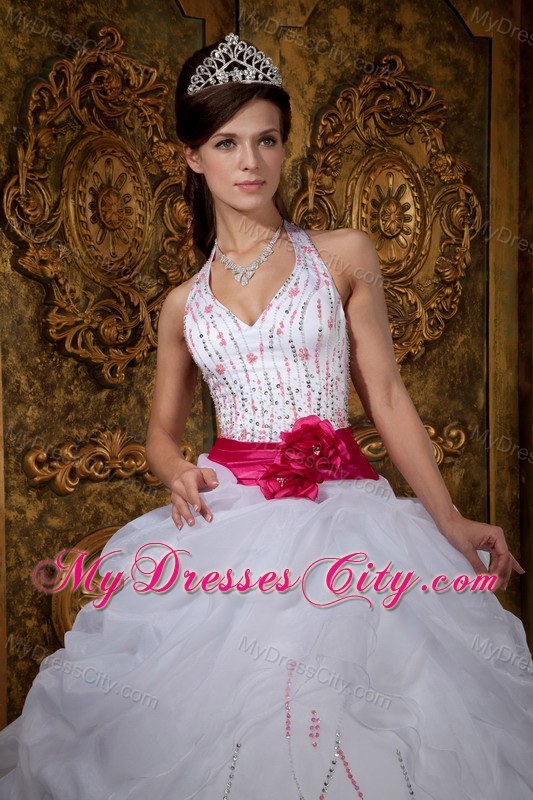 White Halter Pick-ups Sash Organza Quinceanera Dress for Sweet 16