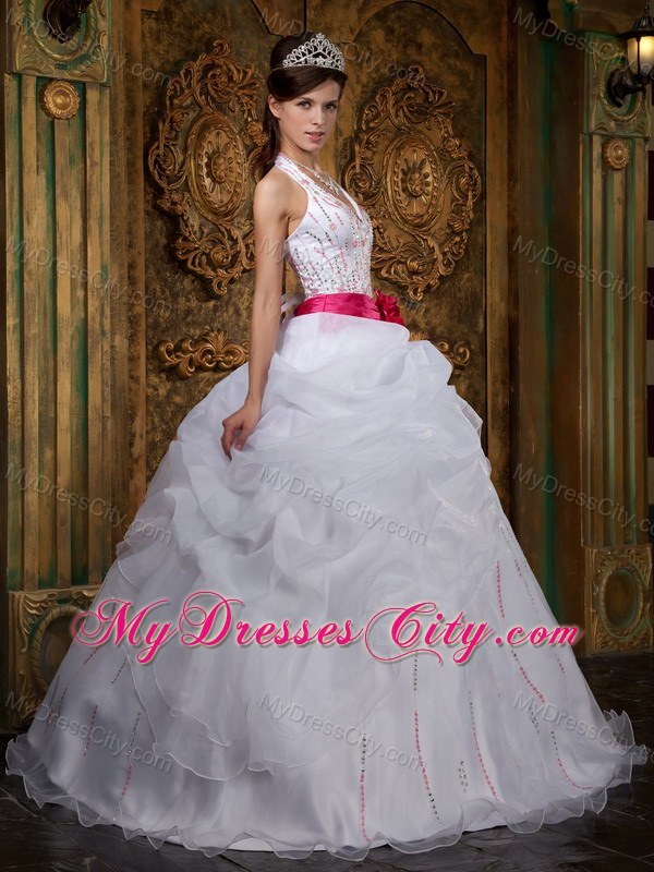 White Halter Pick-ups Sash Organza Quinceanera Dress for Sweet 16