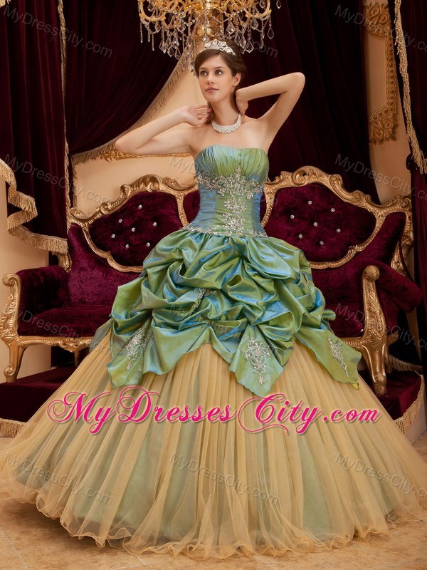 Olive Green Taffeta and Tulle Ruches Decorate Bust Quinceanera Dress