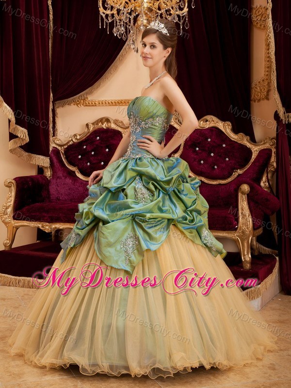 Olive Green Taffeta and Tulle Ruches Decorate Bust Quinceanera Dress