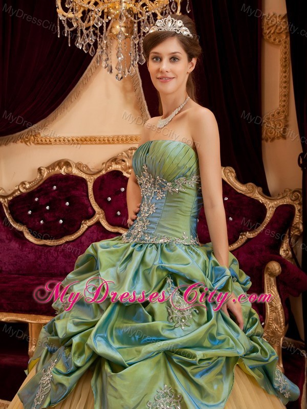 Olive Green Taffeta and Tulle Ruches Decorate Bust Quinceanera Dress