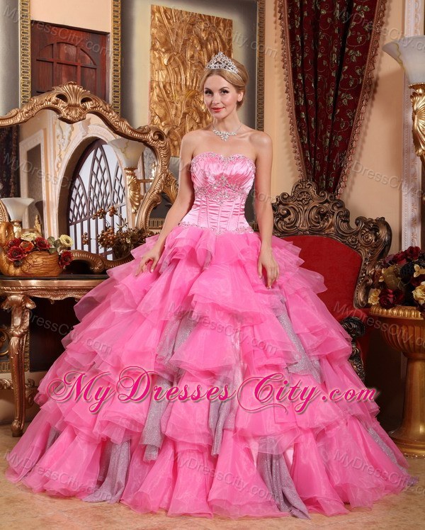 Rose Pink Ruffled Layers Organza Appliques Quinceanera Dress